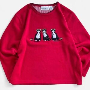 Vintage C.D Sport Red Fleece Embroidered Tuxedo Cat Christmas Sweatshirt Sweater